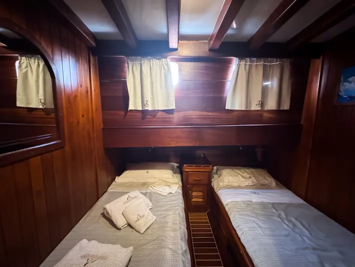  Yacht Photos Pics Wood-paneled cabin interior of 2006 Classic Caicco ERDAL SOGUTCUK with twin beds and soft lighting.