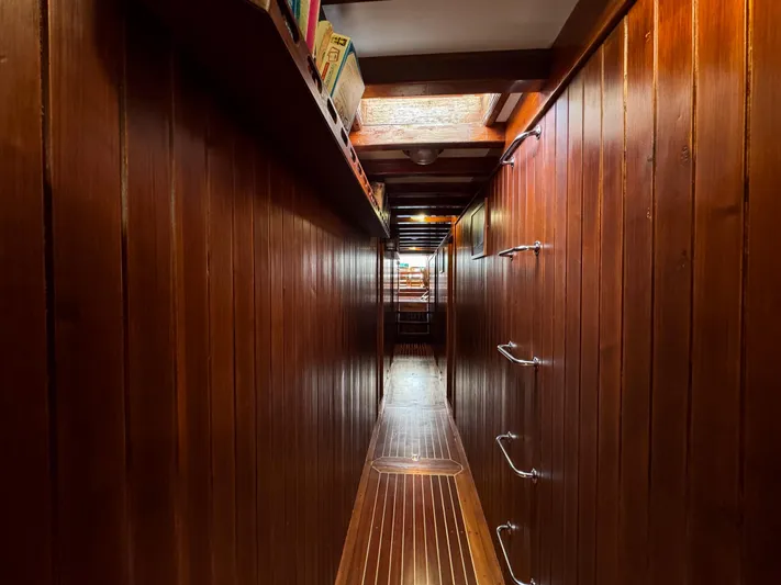  Yacht Photos Pics Narrow wooden hallway inside 2006 Classic Caicco ERDAL SOGUTCU yacht, featuring elegant paneling.