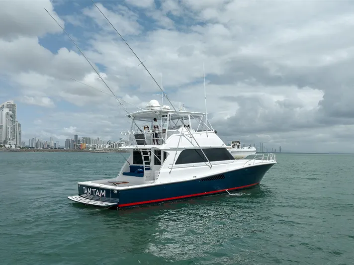 Tam Tam Yacht Photos Pics 1997 Viking 58 Convertible yacht on water with city skyline in background.