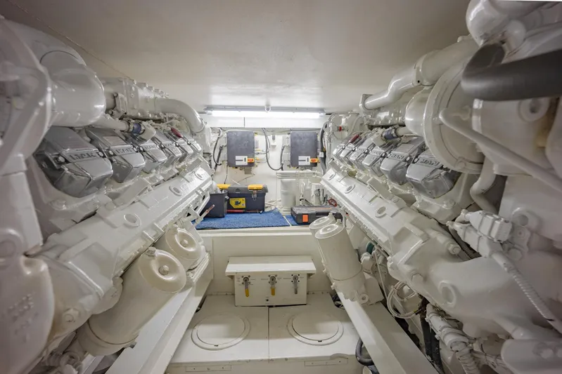Tam Tam Yacht Photos Pics Engine room of a 1997 Viking 58 Convertible yacht with dual engines.