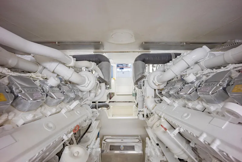 Tam Tam Yacht Photos Pics Engine room of a 1997 Viking 58 Convertible yacht with dual engines.