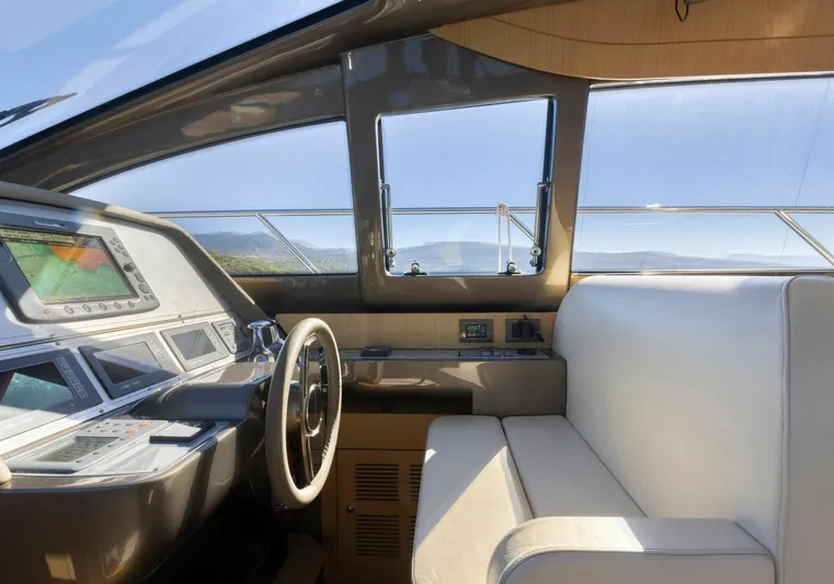  Yacht Photos Pics Interior of 2009 Riva Sportriva yacht cockpit with steering wheel and navigation controls.