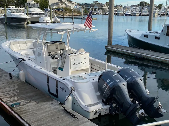  Yacht Photos Pics 2020 Sea Fox 288 Commander boat docked with twin Yamaha engines.