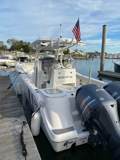  Yacht Photos Pics 2020 Sea Fox 288 Commander boat docked with twin Yamaha engines.