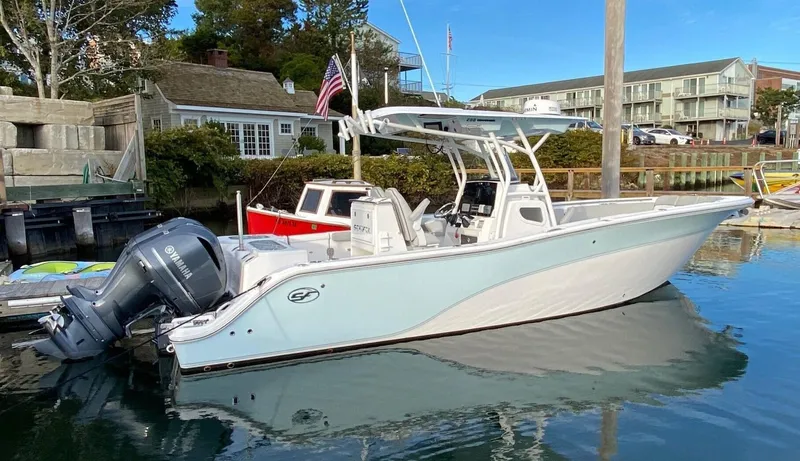  Yacht Photos Pics 2020 Sea Fox 288 Commander boat docked in a marina with Yamaha outboard motor.