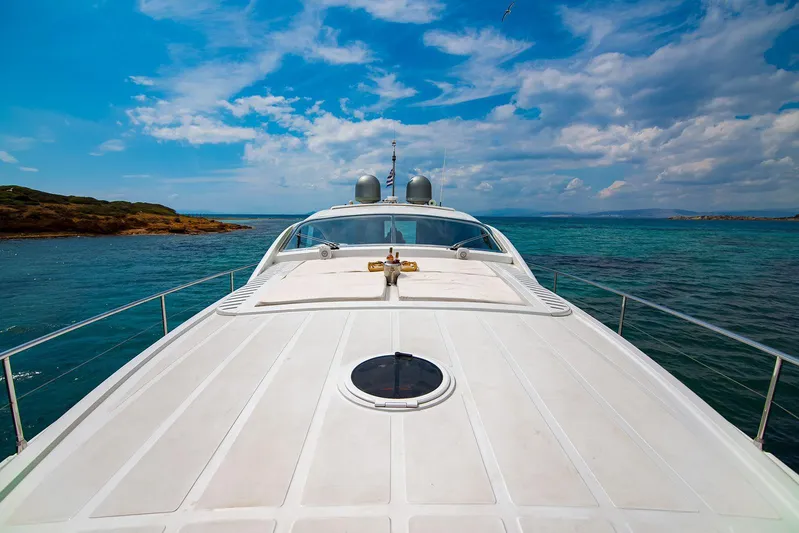  Yacht Photos Pics 2003 Pershing 65 yacht cruising on clear blue waters under a partly cloudy sky.