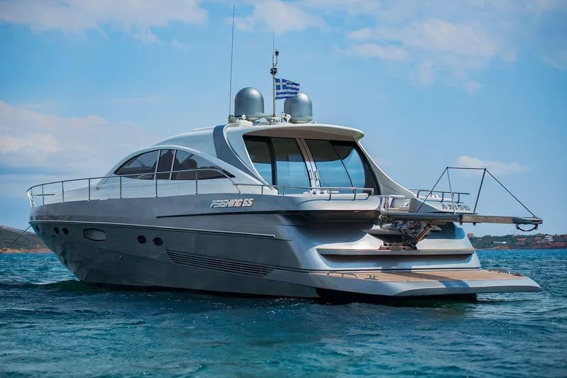  Yacht Photos Pics Luxury Pershing 65 yacht from 2003 on calm blue waters.