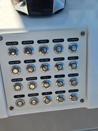  Yacht Photos Pics Control panel of a 2019 Intrepid 327 boat.