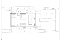 Floor plan of a 2023 Custom 22m Catamaran, showcasing interior layout and room arrangement.