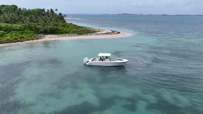  Yacht Photos Pics 2025 Boston Whaler 330 Outrage near tropical island with clear blue waters.