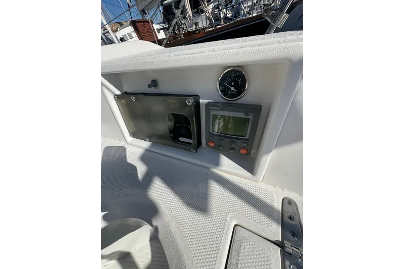 Lady Slipper Yacht Photos Pics Control panel of 2005 Sabre 386 sailboat with gauges and display.