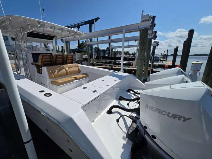  Yacht Photos Pics 2025 Bahama 35 Super Center Console boat docked with Mercury engines.