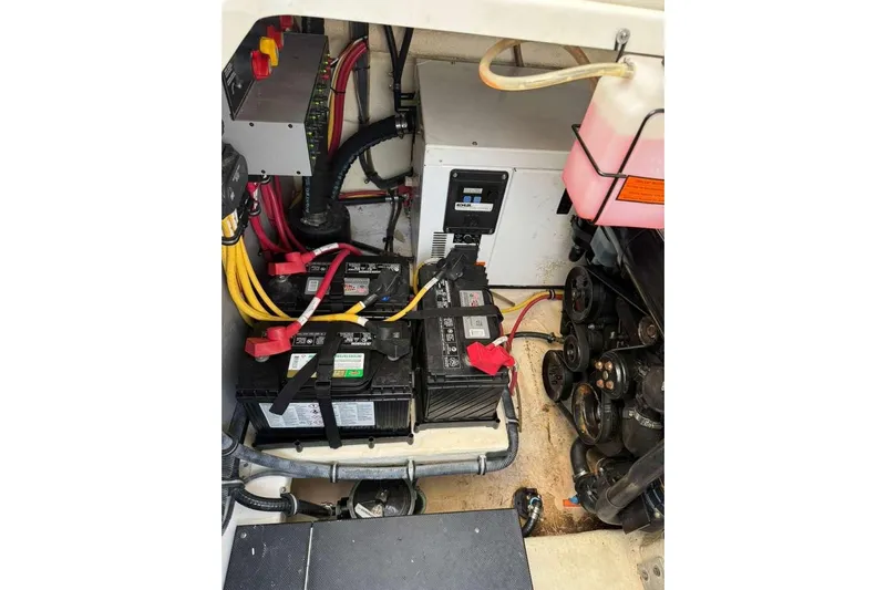  Yacht Photos Pics 2018 Monterey 335 Sport Yacht engine compartment with batteries and wiring.