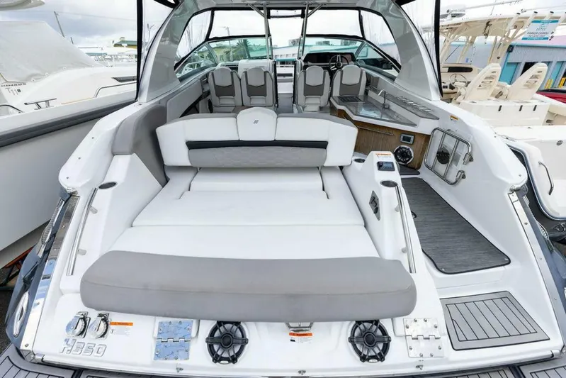  Yacht Photos Pics 2020 Four Winns H350 boat interior with spacious seating and modern design.