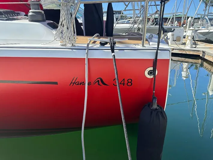 348 Sea Yacht Photos Pics Red Hanse 348 sailboat docked in marina, 2026 model.