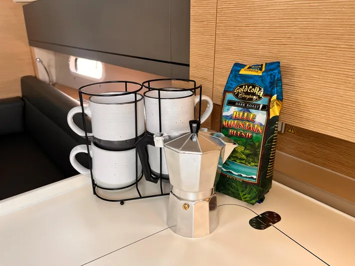 348 Sea Yacht Photos Pics Coffee setup with moka pot, mugs, and Blue Mountain blend on Hanse 348 yacht.