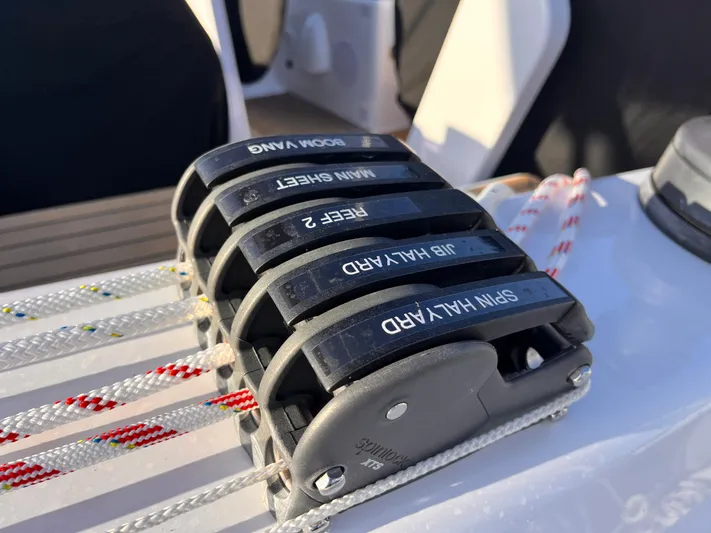 348 Sea Yacht Photos Pics Close-up of sailing rope clutches on a 2026 Hanse 348 yacht.