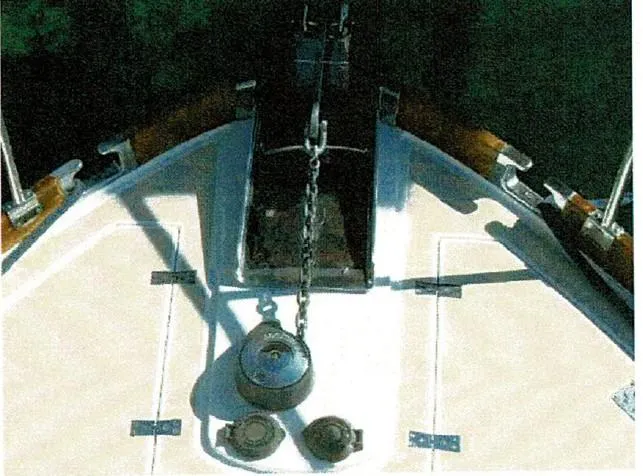 Tatosh Yacht Photos Pics Bow view of 1998 Grand Banks 43 Eastbay FB yacht with anchor chain and deck fittings.
