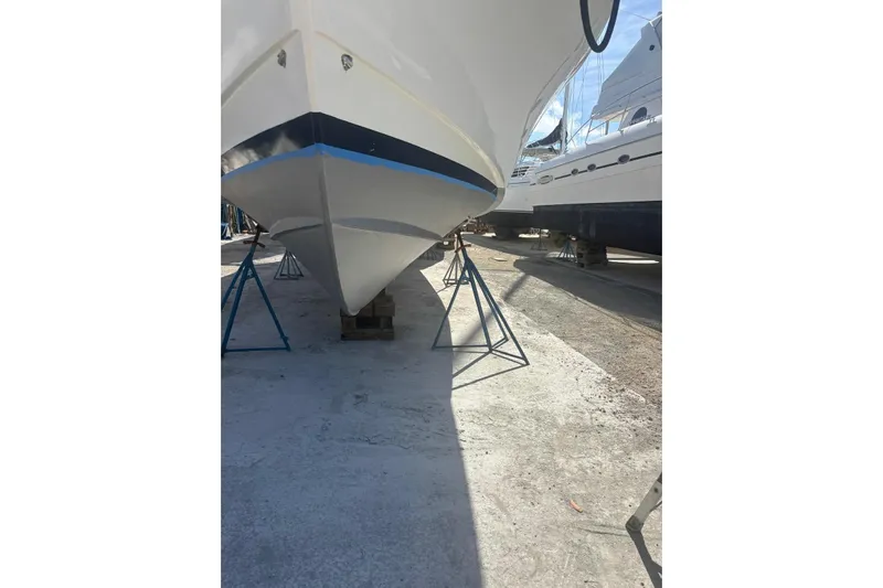 Tatosh Yacht Photos Pics 1998 Grand Banks 43 Eastbay FB yacht on stands in a boatyard.