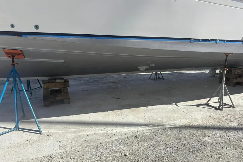 Tatosh Yacht Photos Pics 1998 Grand Banks 43 Eastbay FB yacht on stands for maintenance.