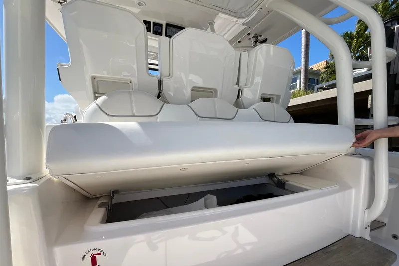 Perseverance Yacht Photos Pics 2019 Pursuit S 368 Sport boat with open storage compartment under seats.