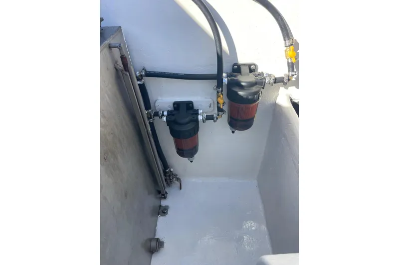  Yacht Photos Pics Fuel filters and hoses in a 1998 Voyager Norseman 430 boat engine compartment.