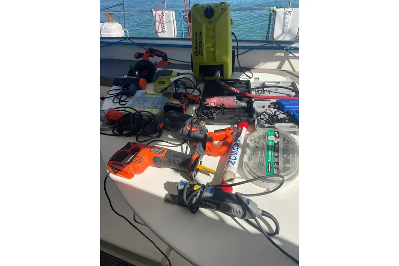  Yacht Photos Pics Tools and equipment on Voyager Norseman 430 yacht, 1998 model, with ocean backdrop.