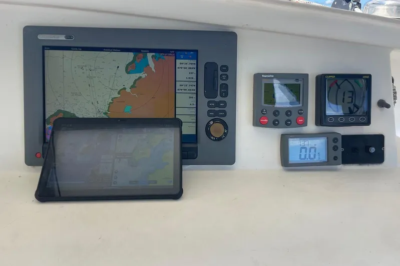  Yacht Photos Pics Navigation instruments on a 1998 Voyager Norseman 430 yacht dashboard.