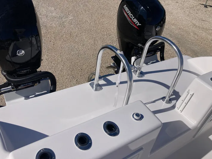  Yacht Photos Pics 2025 Twin Vee 260STX boat with dual Mercury engines and stainless steel railings.