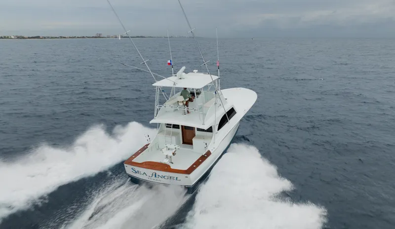 Sea Angel Yacht Photos Pics 1980 Scarborough 46 Convertible yacht cruising on open sea.