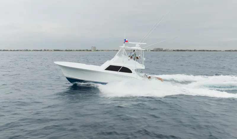 Sea Angel Yacht Photos Pics 1980 Scarborough 46 Convertible yacht cruising on open water.