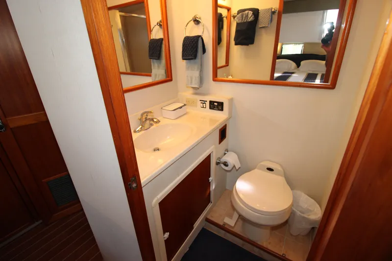 Gypsy Yacht Photos Pics Bathroom interior of 2000 Ricker 42 Classic yacht, featuring sink and toilet.