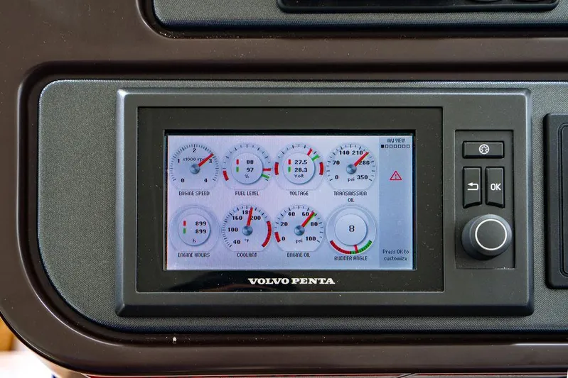 The Royal Blue Yacht Photos Pics Volvo Penta engine display on 2015 Beneteau GRAN TURISMO 49 yacht dashboard.