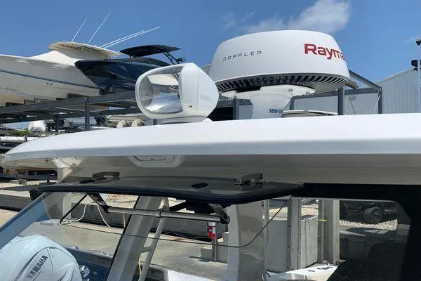  Yacht Photos Pics Boston Whaler 350 Realm 2022 radar and equipment on deck, featuring Raymarine technology.