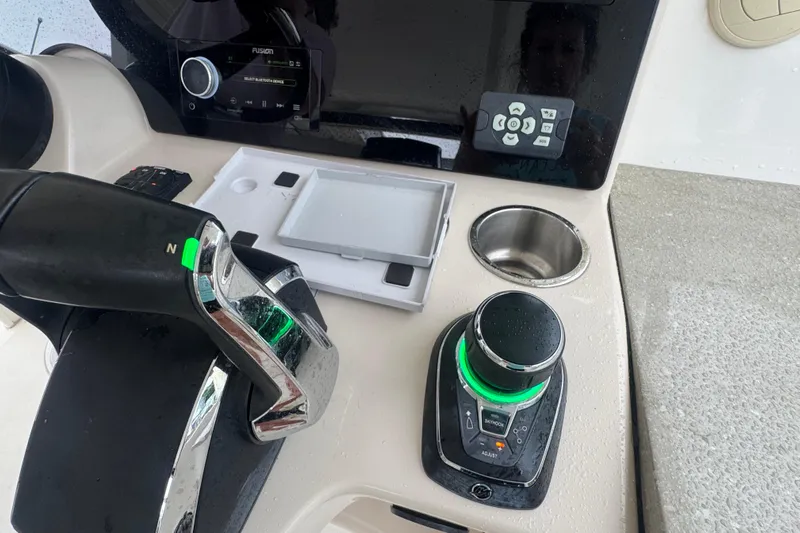  Yacht Photos Pics Control panel of 2022 Boston Whaler 350 Realm boat with joystick and throttle.