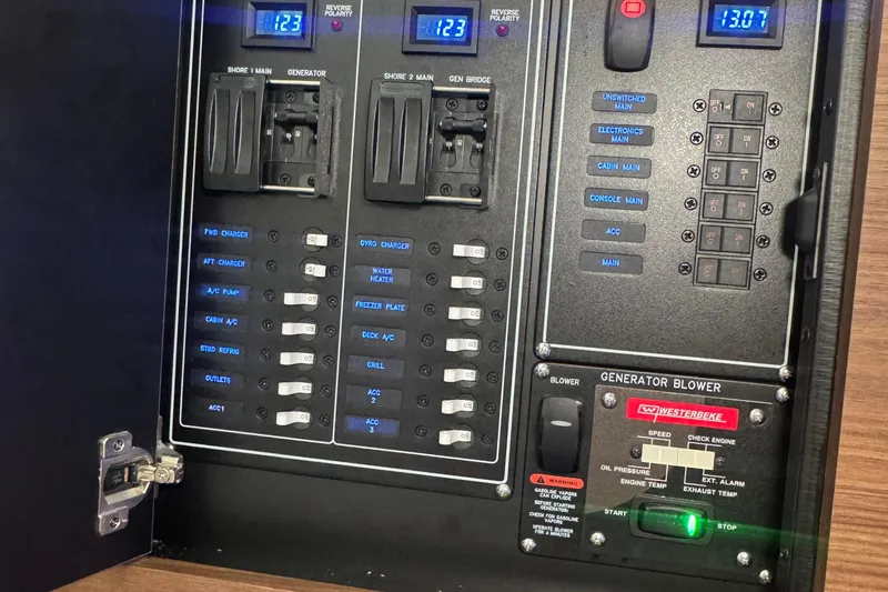  Yacht Photos Pics Electrical control panel on a 2022 Boston Whaler 350 Realm boat.