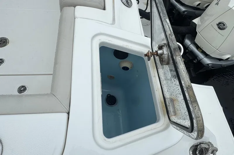  Yacht Photos Pics Open storage compartment on a 2022 Boston Whaler 350 Realm boat.