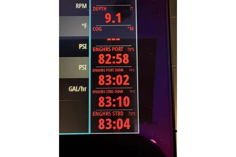  Yacht Photos Pics Dashboard display of 2023 Formula 400 Super Sport Crossover engine hours and depth.