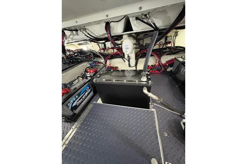  Yacht Photos Pics Engine room of 2023 Formula 400 Super Sport Crossover with batteries and wiring.