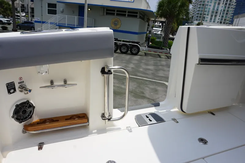 Bwcp0430a424 Yacht Photos Pics 2024 Boston Whaler 380 Outrage boat deck with seating and storage compartments.
