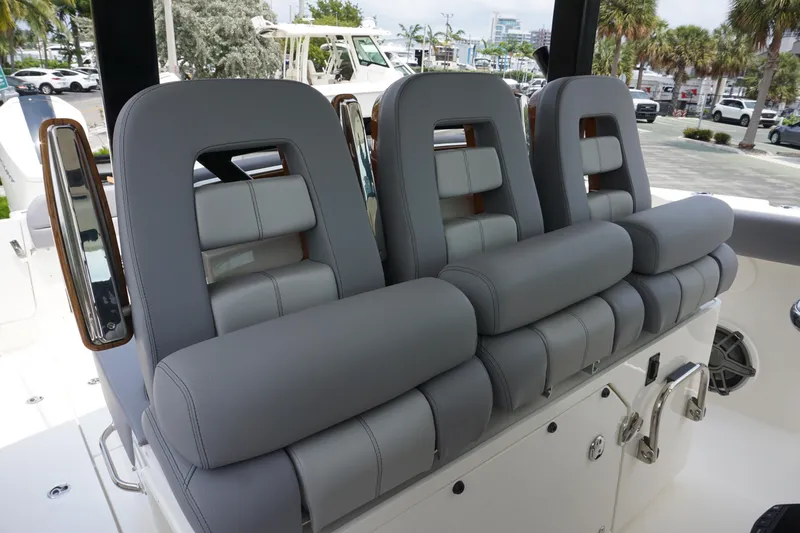 Bwcp0430a424 Yacht Photos Pics 2024 Boston Whaler 380 Outrage luxury seating, gray leather, modern design.