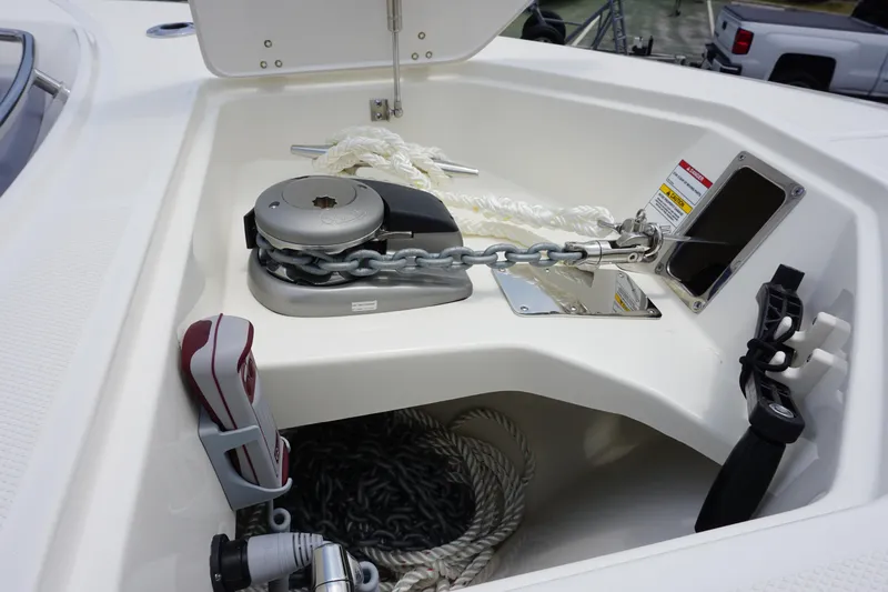 Bwcp0430a424 Yacht Photos Pics Anchor compartment of 2024 Boston Whaler 380 Outrage with chain and rope storage.