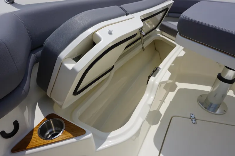 Bwcp0430a424 Yacht Photos Pics 2024 Boston Whaler 380 Outrage interior storage compartment with cup holder.