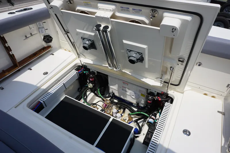 Bwcp0430a424 Yacht Photos Pics 2024 Boston Whaler 380 Outrage engine compartment, showcasing advanced marine engineering.