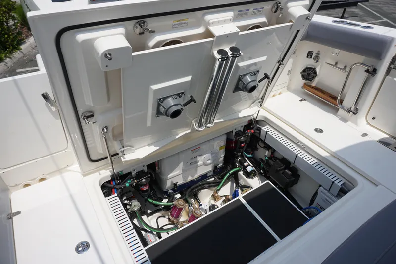 Bwcp0430a424 Yacht Photos Pics 2024 Boston Whaler 380 Outrage engine compartment with open access panel.