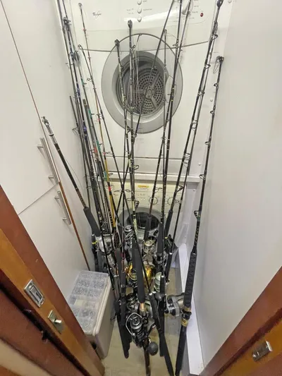  Yacht Photos Pics Fishing rods stored in a compact space on a 2007 Hatteras 68 Convertible yacht.