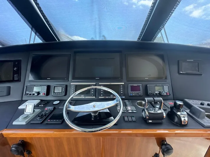 Dry Bones Yacht Photos Pics 2017 Viking 66 Enclosed Bridge helm with advanced navigation controls and multiple display screens.
