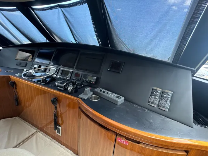 Dry Bones Yacht Photos Pics 2017 Viking 66 Enclosed Bridge helm with navigation controls and displays.