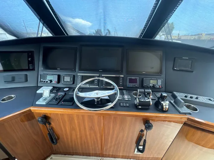 Dry Bones Yacht Photos Pics 2017 Viking 66 Enclosed Bridge helm with advanced navigation and control systems.