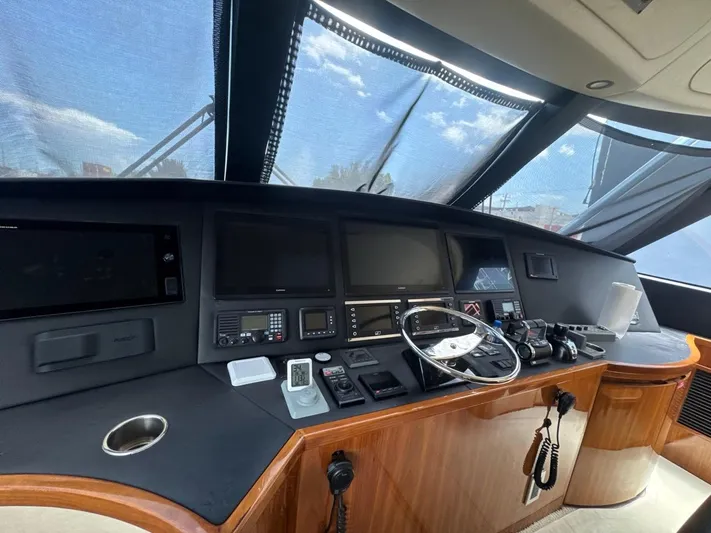 Dry Bones Yacht Photos Pics 2017 Viking 66 Enclosed Bridge helm with modern navigation equipment and steering wheel.